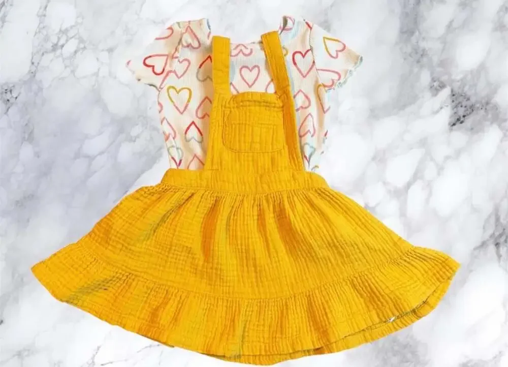 Cat‎ & Jack Toddler Outfit 18M Yellow Pinafore Dress Heart Print Shirt Set